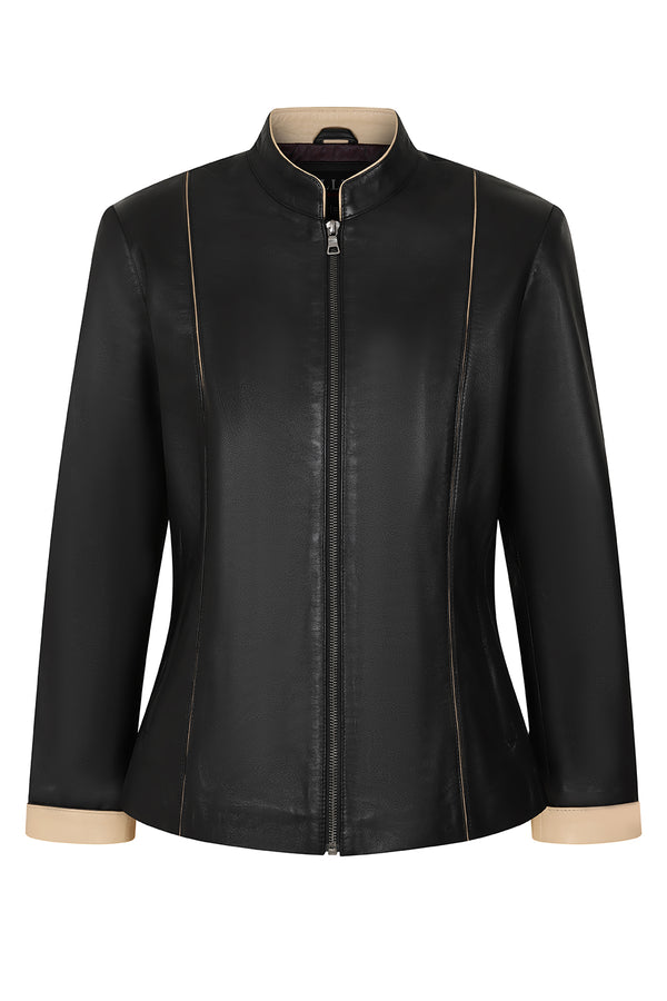 Classic black and cream Nappa leather jacket with a 25-inch length by LLD Original